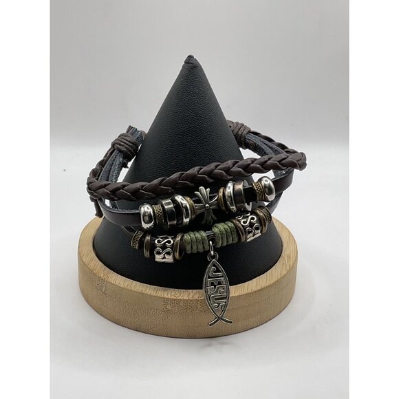 Adjustable Leather Christian Bracele Cross & Ichthys Fish Charms For Men - Picture 1 of 3